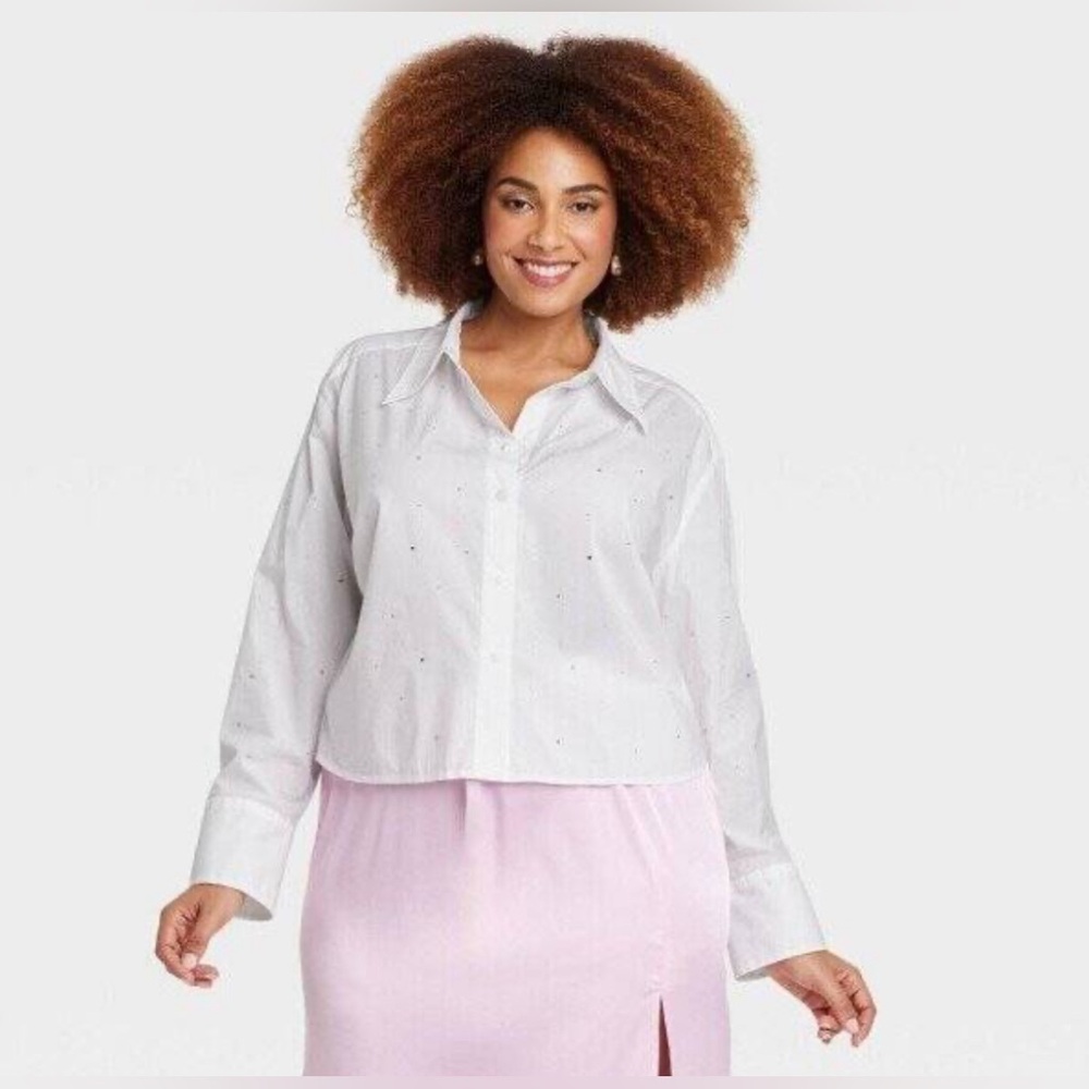 A New Day Pure White Silver Rhinestones Glam Button Down Long Sleeve Shirt Top